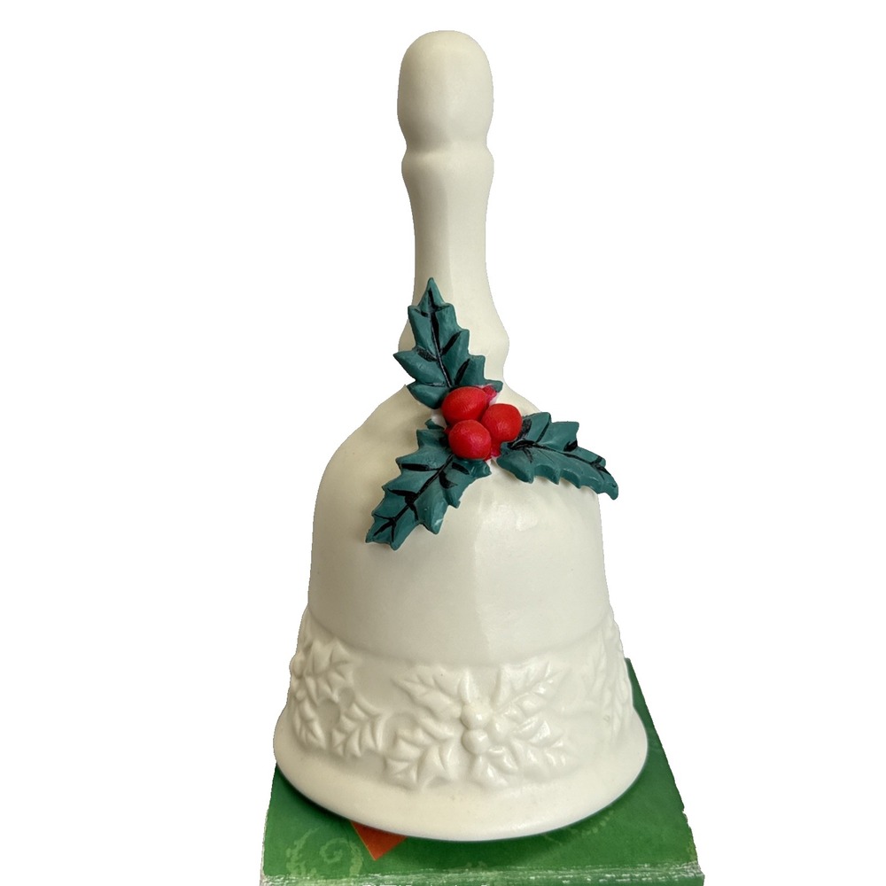 Chistmas Bell Ivory Pottery Bisque Holly Leaves NIB